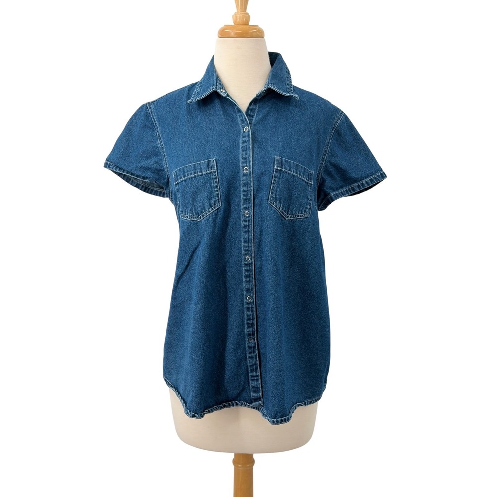 Announcements Maternity Womens Blue Denim Shirt Short Sleeve Snap Down Size M